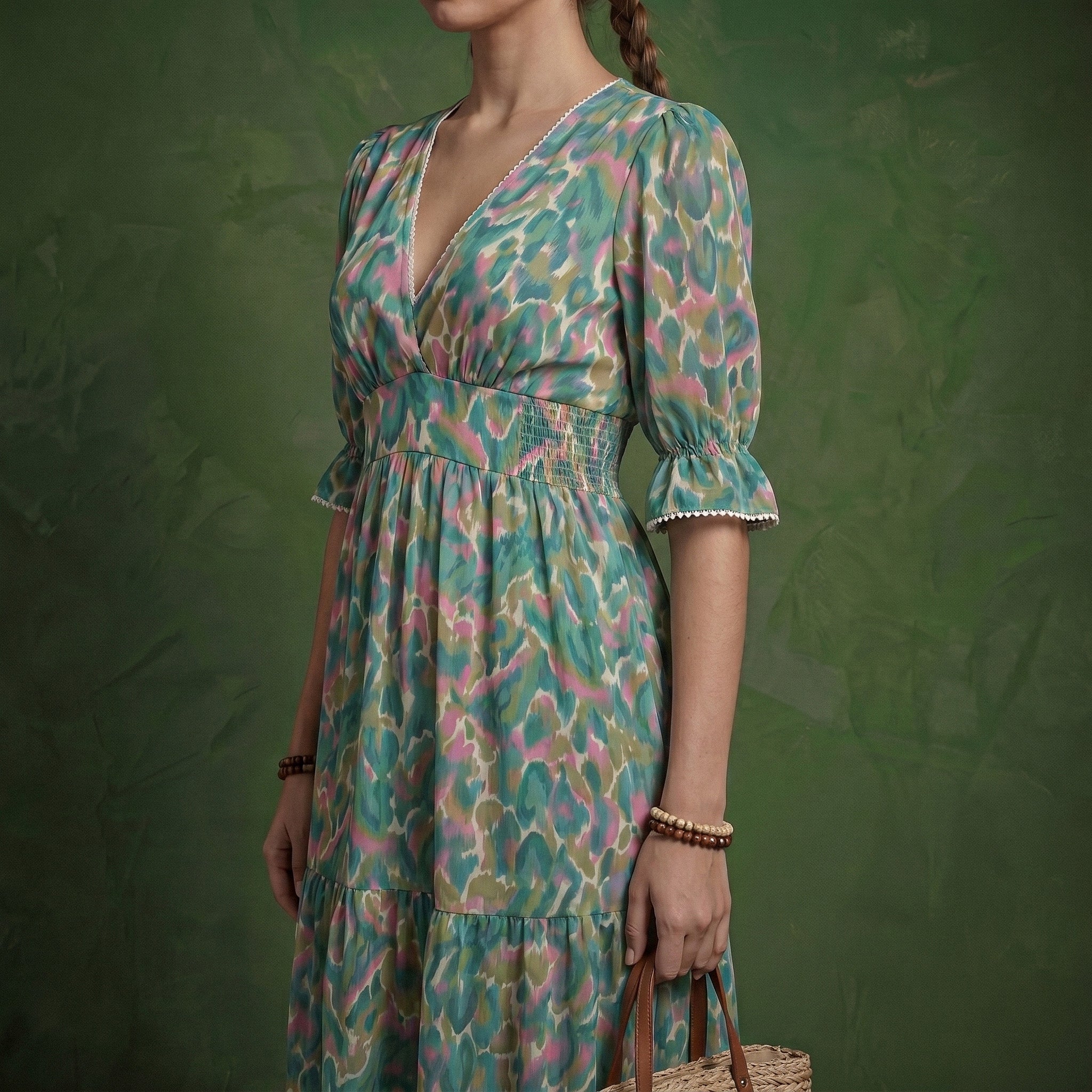 Anna-Kaci Women's Printed Midi Dress with V Neckline Smocked Waist and Tiered Skirt