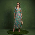 Anna-Kaci Women's Printed Midi Dress with V Neckline Smocked Waist and Tiered Skirt