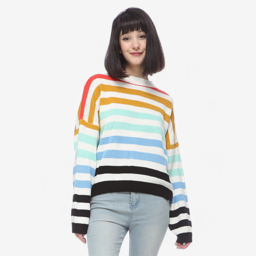 Anna-Kaci Women's Striped Knit Sweater with Crew Neck and Long Sleeves