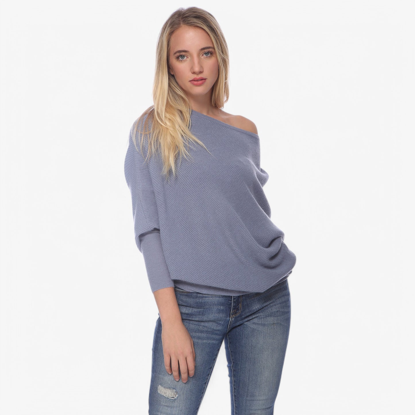 Anna-Kaci Women's Off-Shoulder Knit Sweater with Dolman Sleeves and Ribbed Cuffs