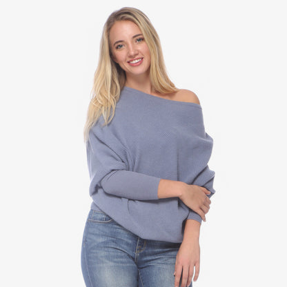 Anna-Kaci Women's Off-Shoulder Knit Sweater with Dolman Sleeves and Ribbed Cuffs