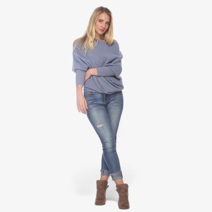 Anna-Kaci Women's Off-Shoulder Knit Sweater with Dolman Sleeves and Ribbed Cuffs