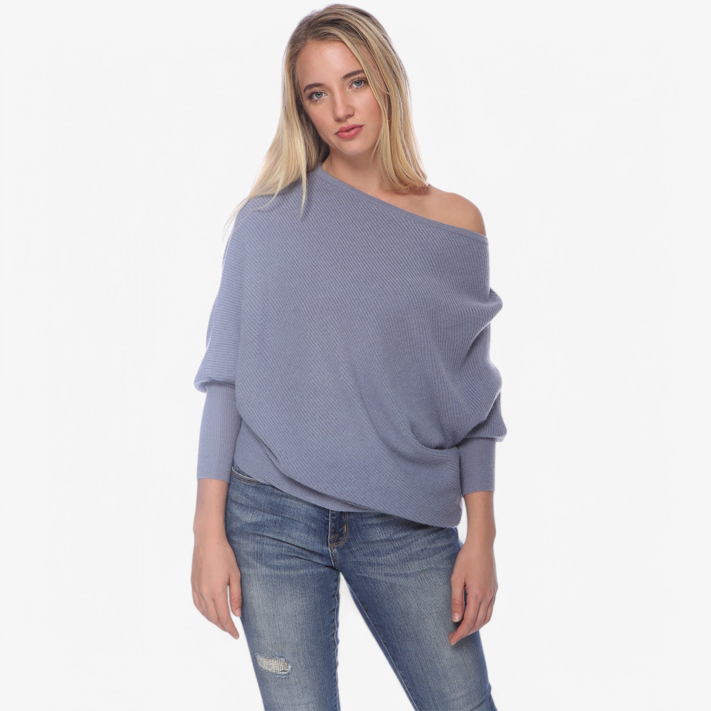 Anna-Kaci Women's Off-Shoulder Knit Sweater with Dolman Sleeves and Ribbed Cuffs