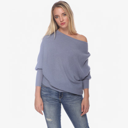 Anna-Kaci Women's Off-Shoulder Knit Sweater with Dolman Sleeves and Ribbed Cuffs