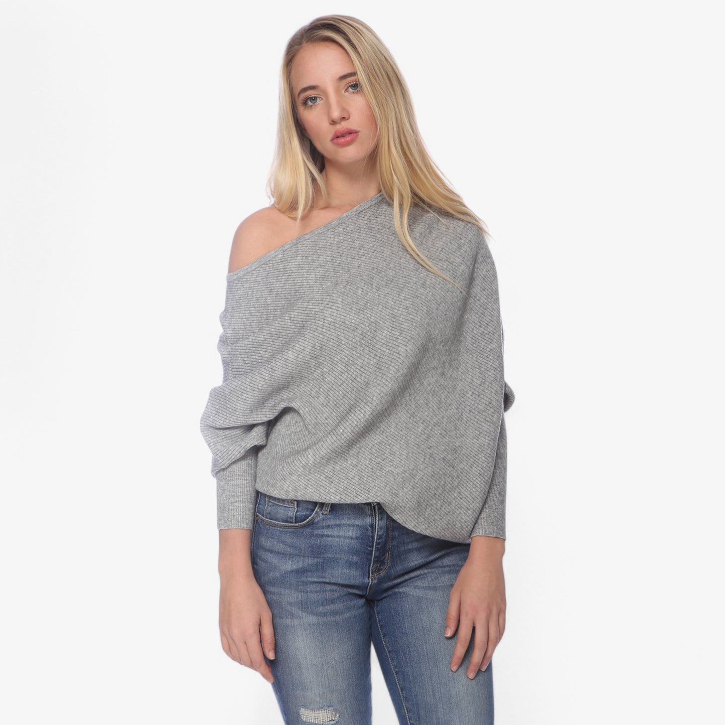 Anna-Kaci Women's Off-Shoulder Knit Sweater with Dolman Sleeves and Ribbed Cuffs