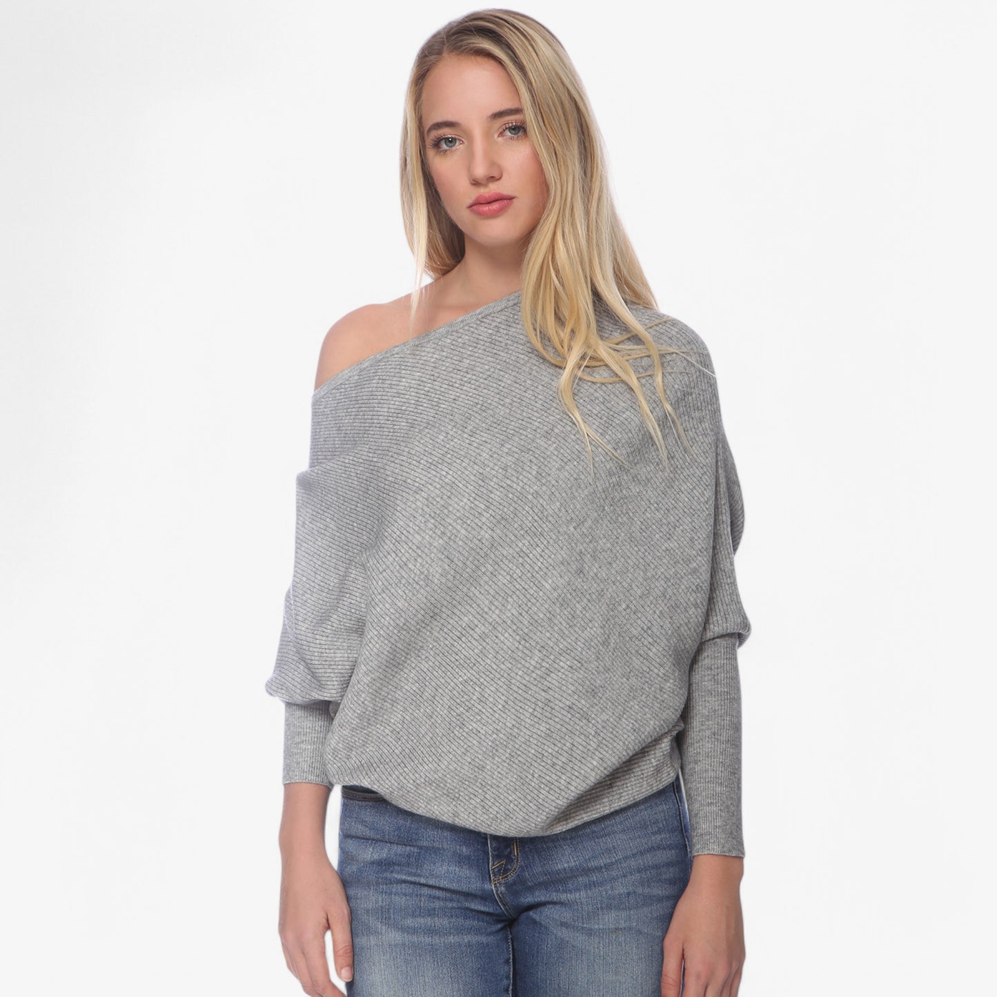 Anna-Kaci Women's Off-Shoulder Knit Sweater with Dolman Sleeves and Ribbed Cuffs