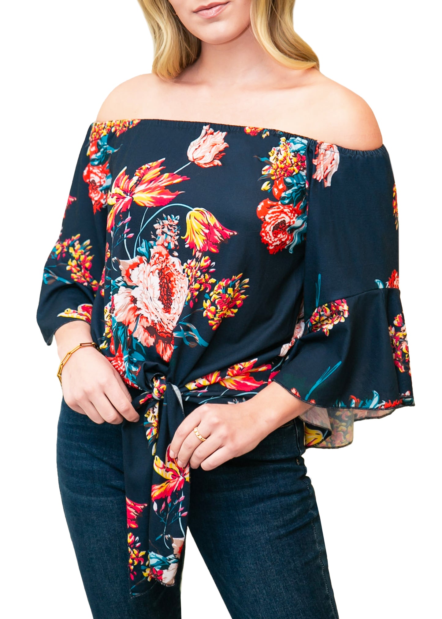 Trumpet Sleeve Tie-Front Blouse