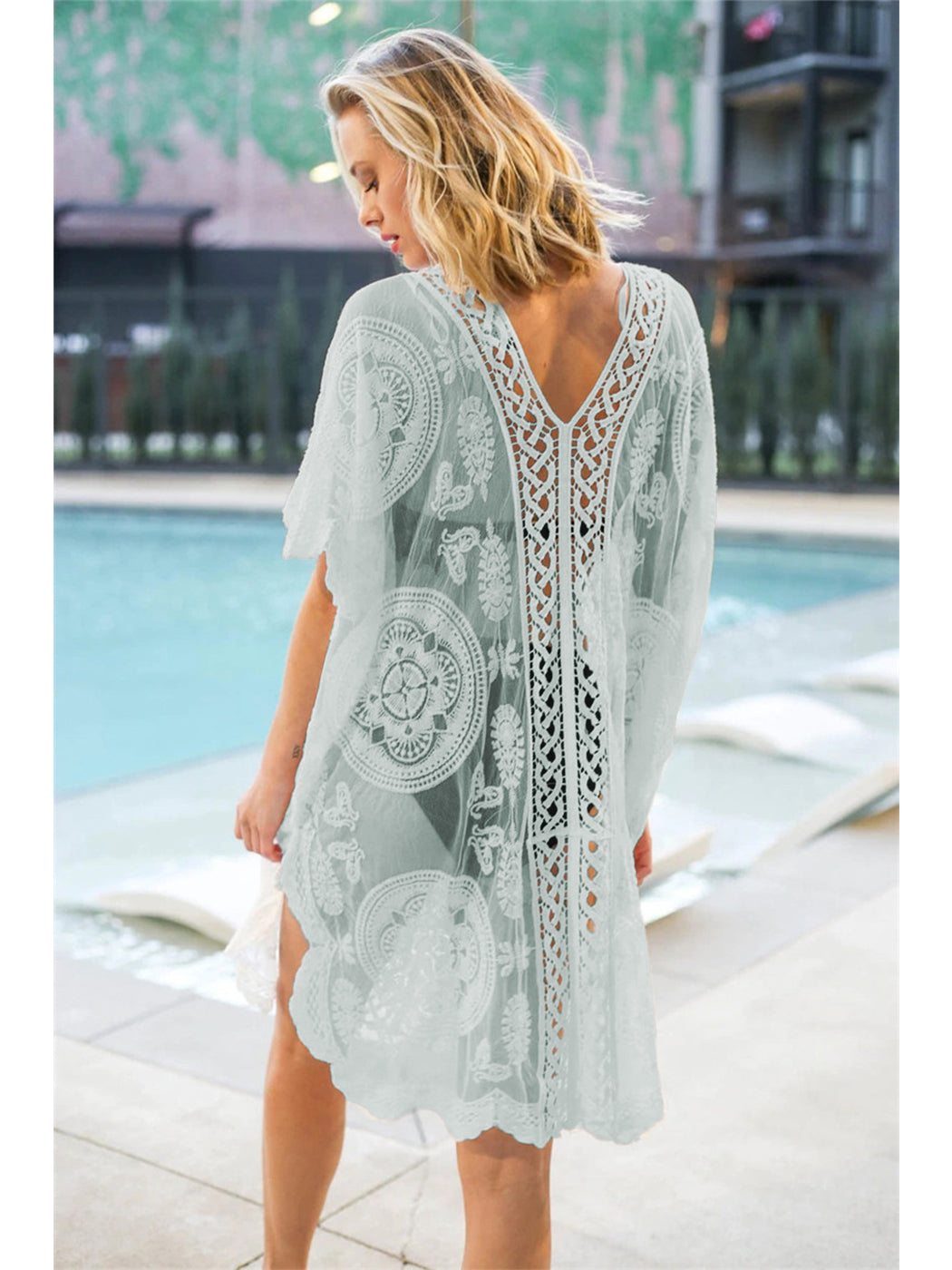 Cárdigan de crochet de encaje para mujer, traje de baño de bikini largo transparente 