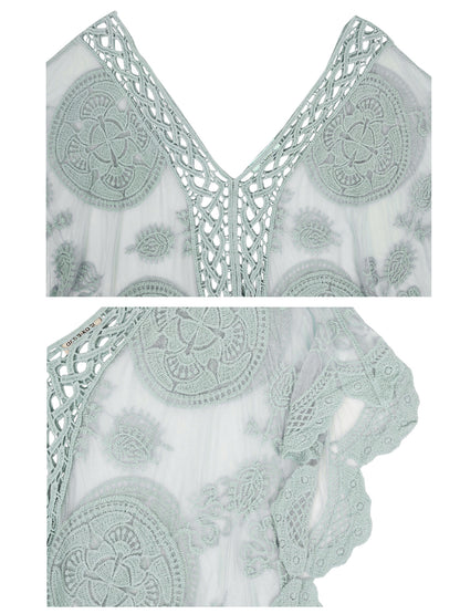 Cárdigan de crochet de encaje para mujer, traje de baño de bikini largo transparente 