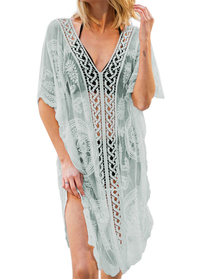 Cárdigan de crochet de encaje para mujer, traje de baño de bikini largo transparente 