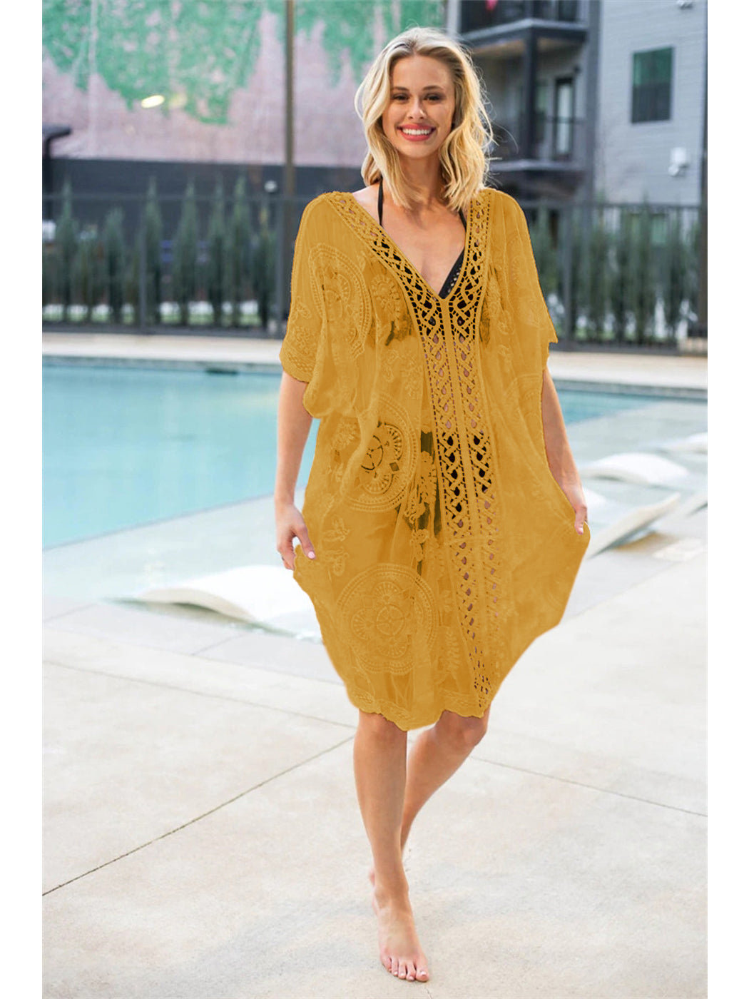 Cárdigan de crochet de encaje para mujer, traje de baño de bikini largo transparente 