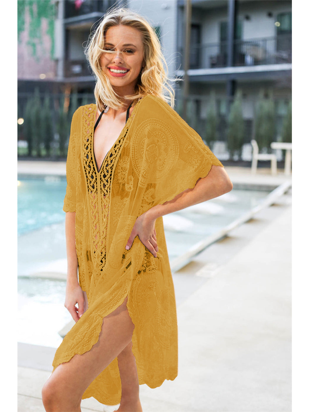 Cárdigan de crochet de encaje para mujer, traje de baño de bikini largo transparente 