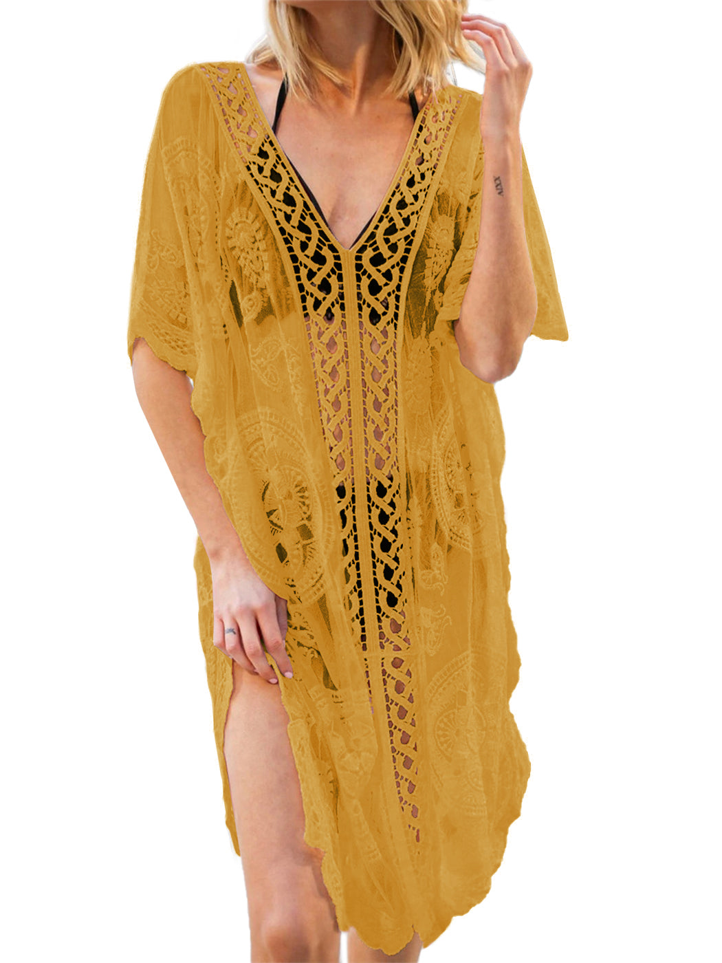 Cárdigan de crochet de encaje para mujer, traje de baño de bikini largo transparente 