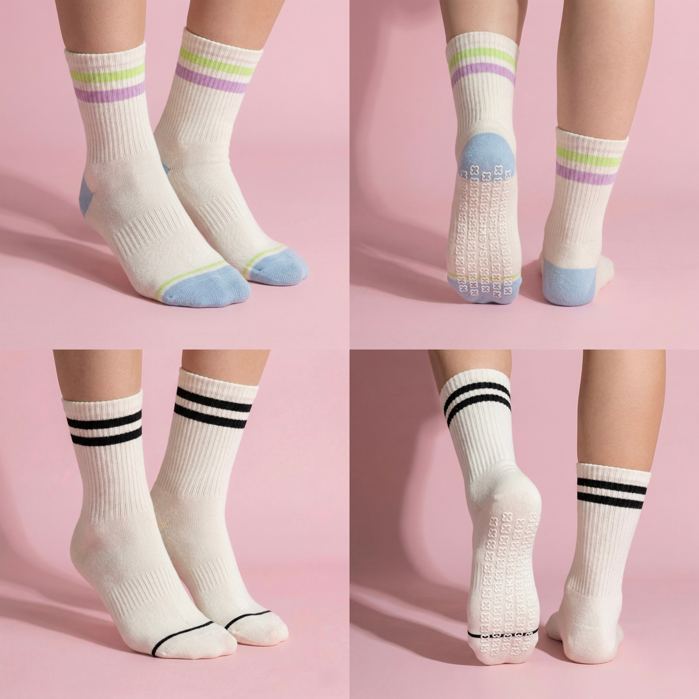 Anna-Kaci Women's 2-Pair Set Crew Athletic Socks with Striped Cuffs and Full Sole Grip for Yoga Fitness