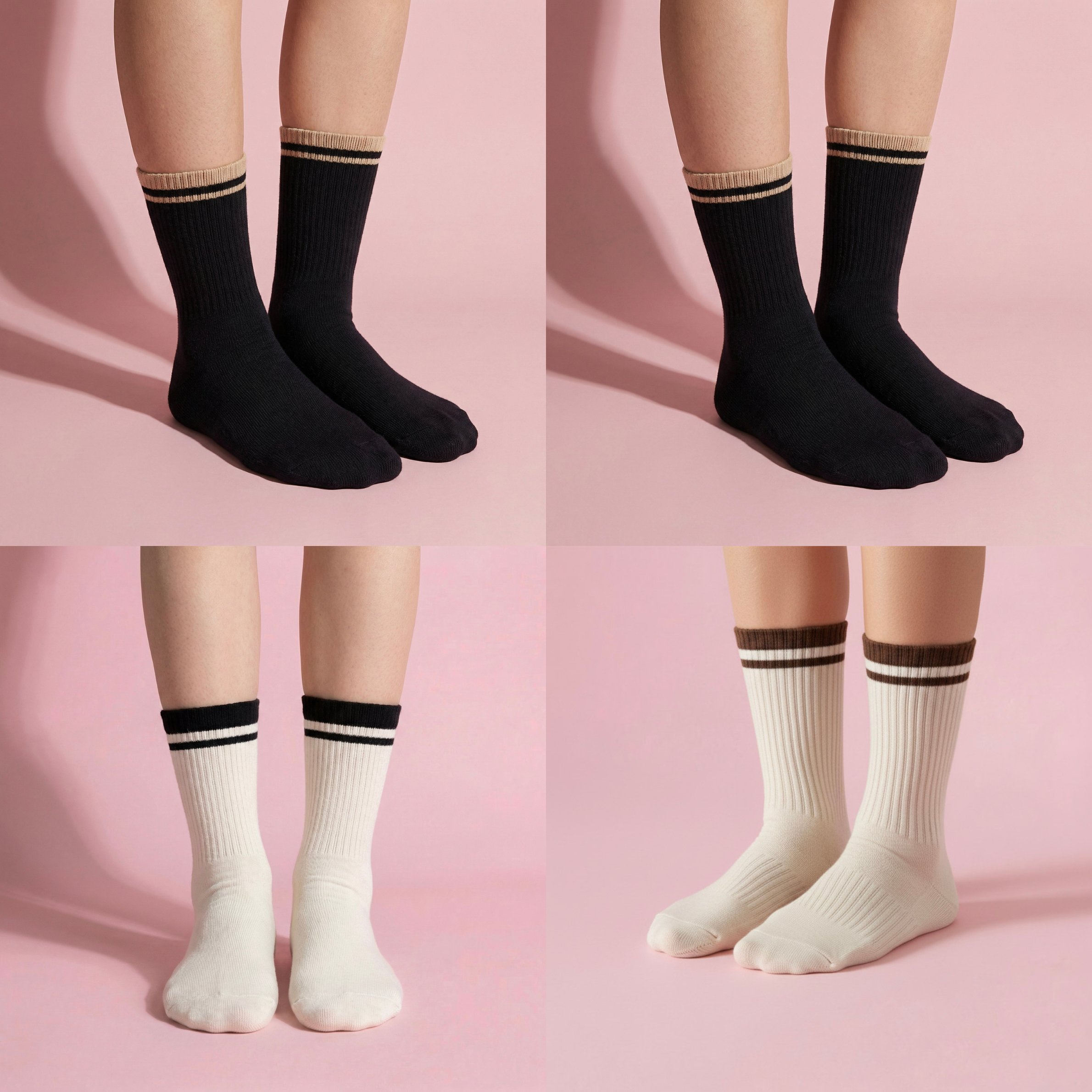 Anna-Kaci Women's 4-Pack Ribbed Crew Socks with Double Stripe Cuff Soft Stretch Fit in Neutral Tones