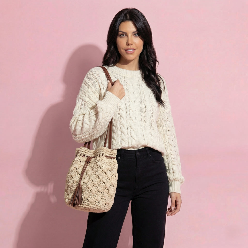 Anna-Kaci Women's Rustic Straw Shoulder Bag with Leather Accents