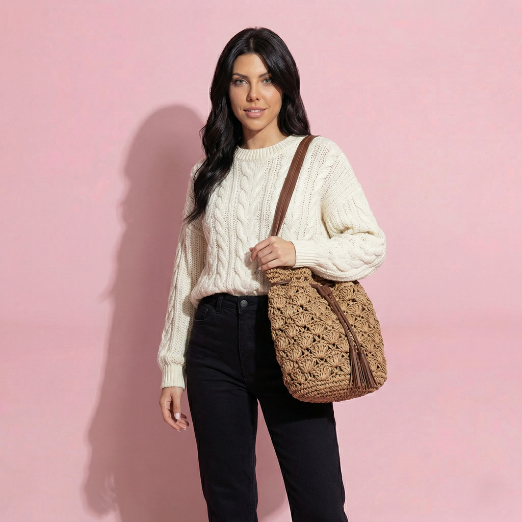Anna-Kaci Women's Rustic Straw Shoulder Bag with Leather Accents
