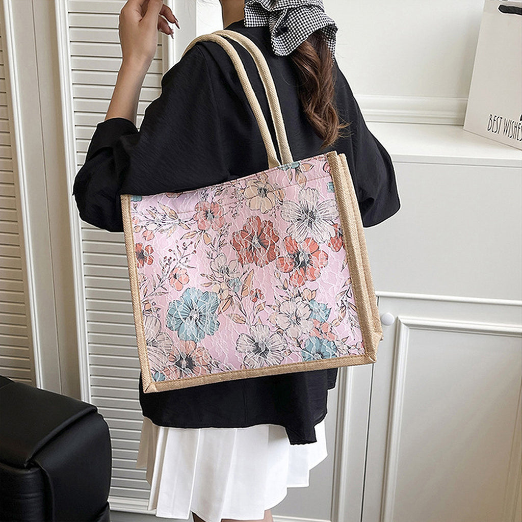 Anna-Kaci Women's Floral Linen-Polyester Tote Bag-Lightweight Floral Print Shopping Bag