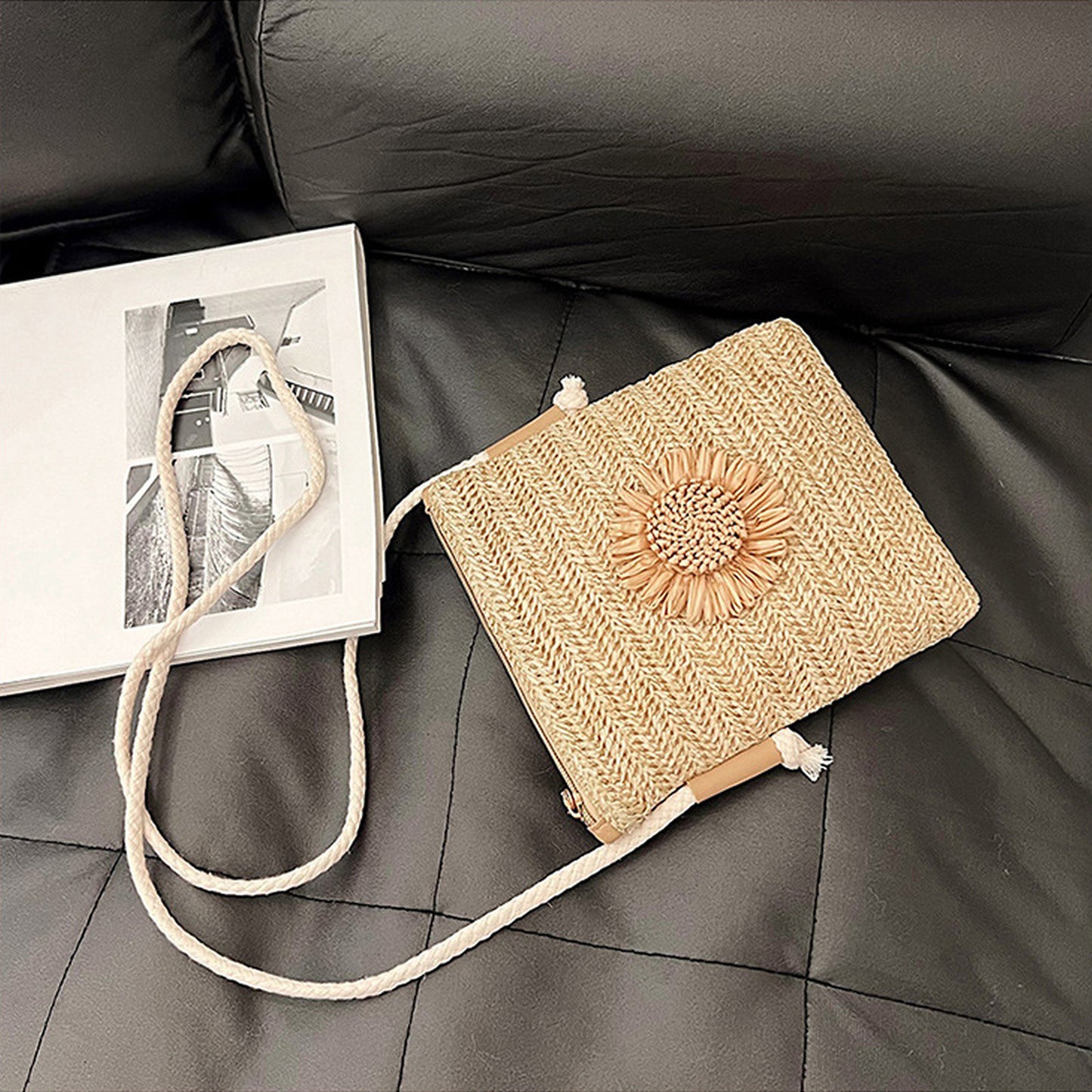 Anna-Kaci Women¡¯s Straw Woven Crossbody Bag with Sunflower Accent
