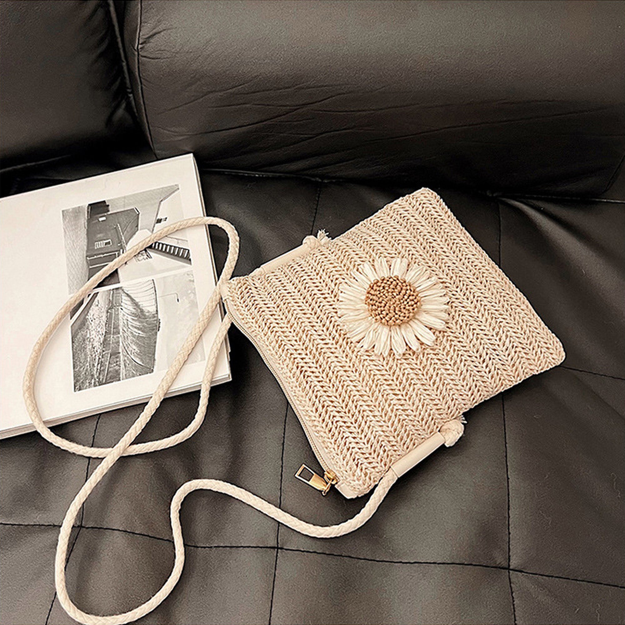 Anna-Kaci Women¡¯s Straw Woven Crossbody Bag with Sunflower Accent