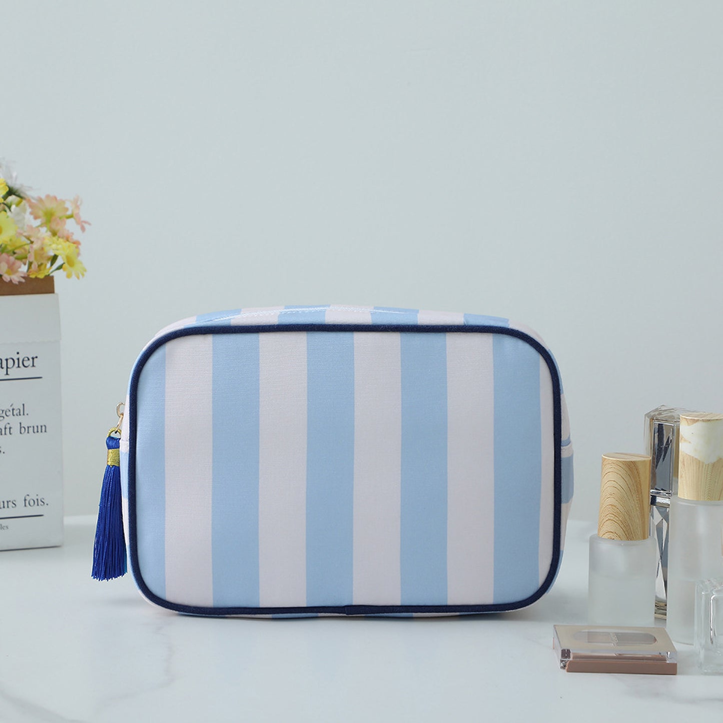 Anna-Kaci Women's Striped Cosmetic Bag with Tassel-Travel Makeup Organizer Pouch