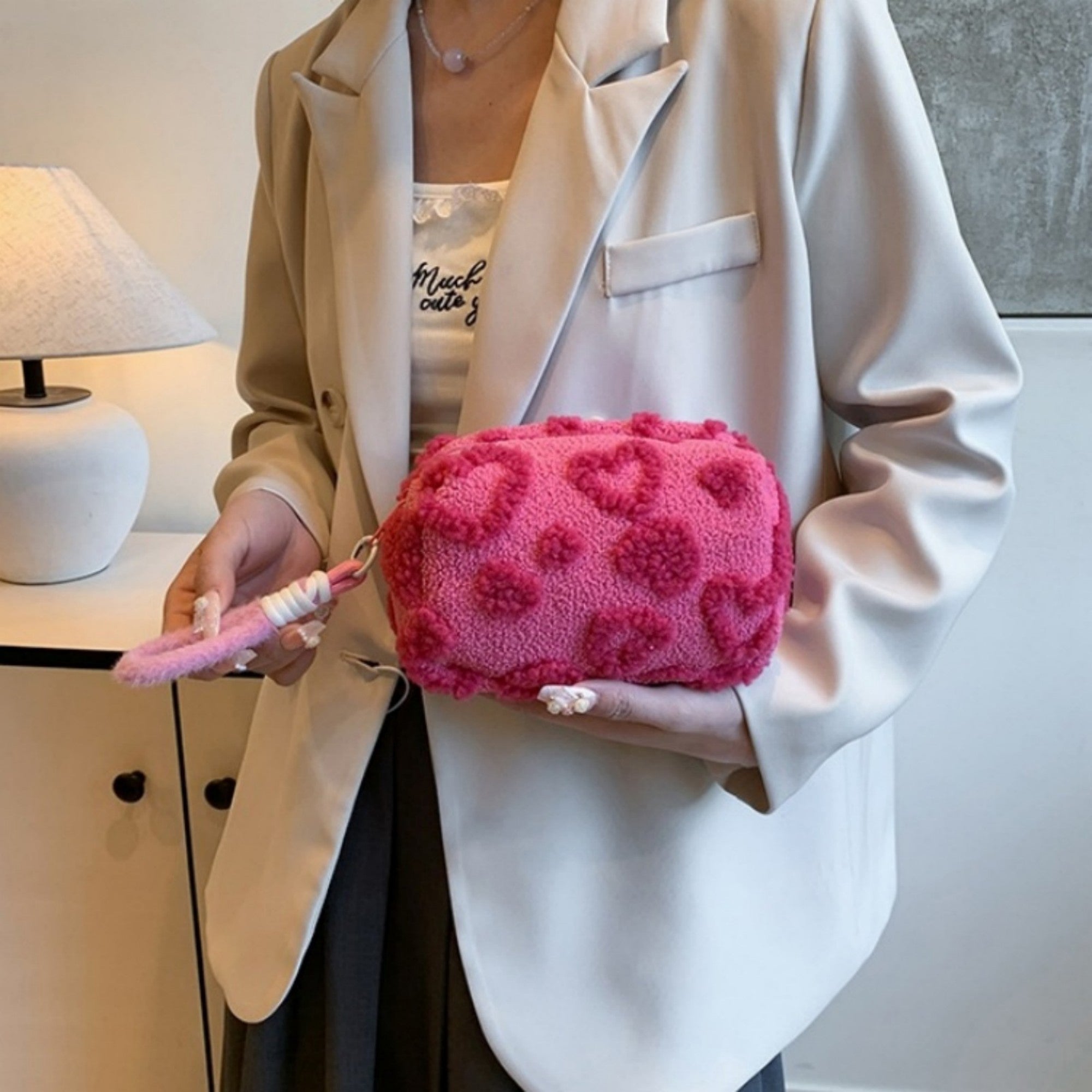 Anna-Kaci Women's Valentine Heart Texture Plush Zip Pouch with Soft Fuzzy Finish and Wrist Loop