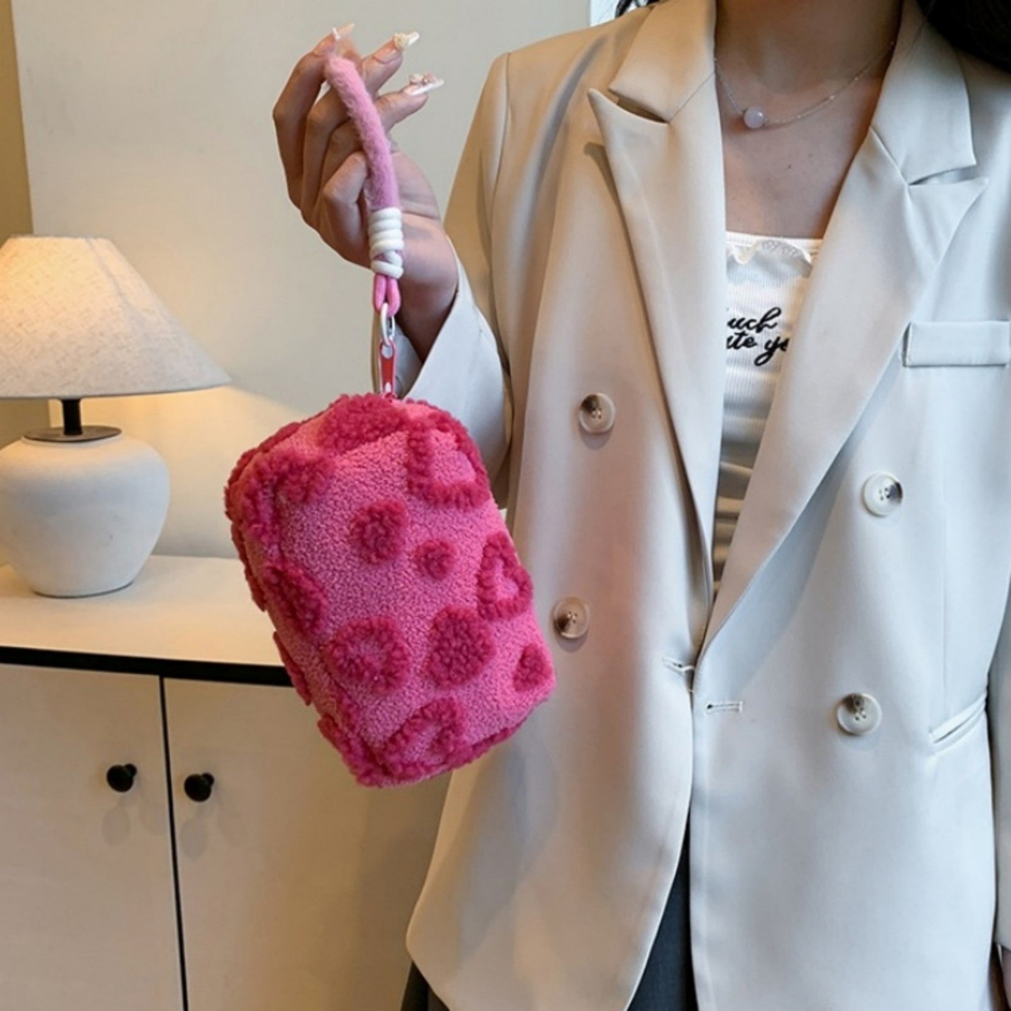 Anna-Kaci Women's Valentine Heart Texture Plush Zip Pouch with Soft Fuzzy Finish and Wrist Loop