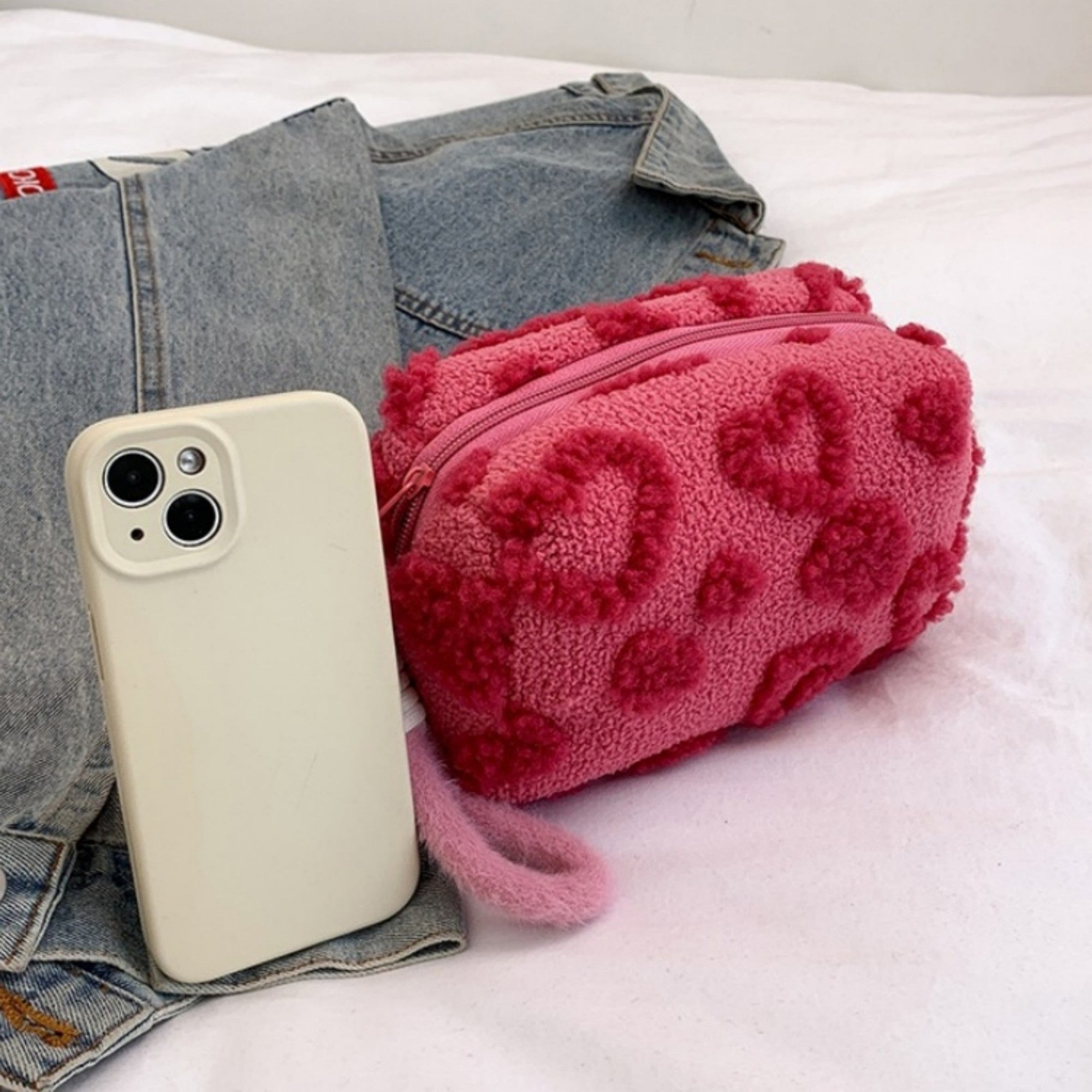 Anna-Kaci Women's Valentine Heart Texture Plush Zip Pouch with Soft Fuzzy Finish and Wrist Loop