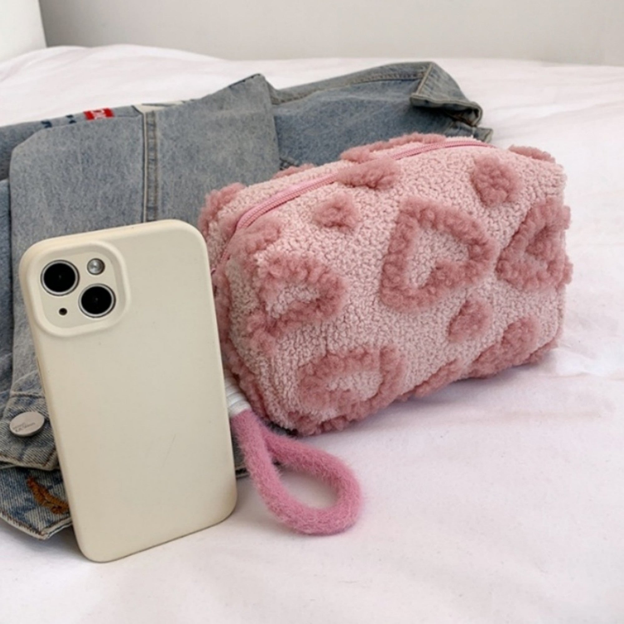 Anna-Kaci Women's Valentine Heart Texture Plush Zip Pouch with Soft Fuzzy Finish and Wrist Loop