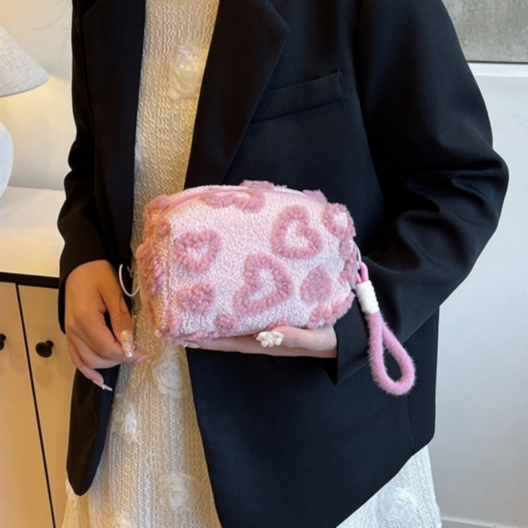 Anna-Kaci Women's Valentine Heart Texture Plush Zip Pouch with Soft Fuzzy Finish and Wrist Loop