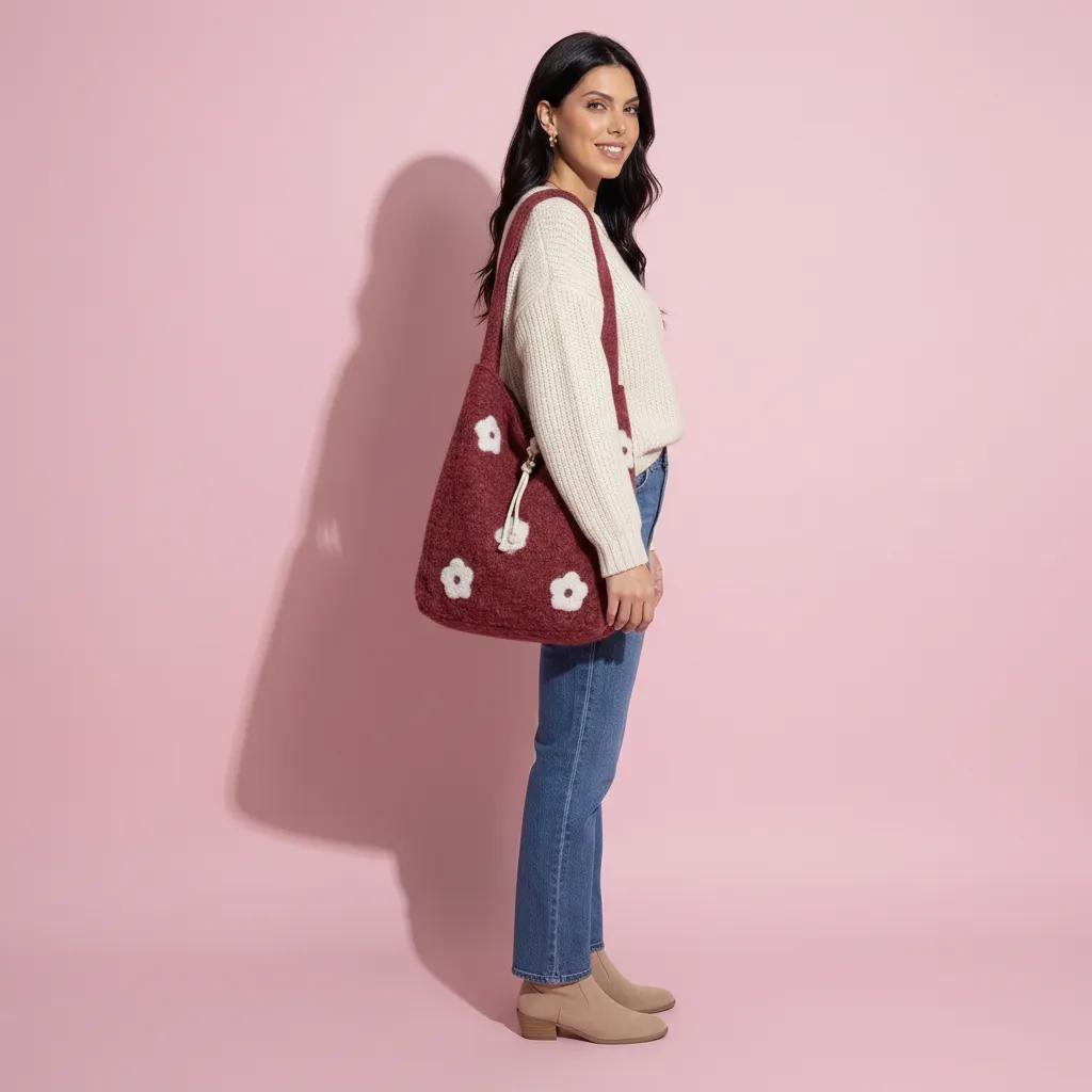 Anna-Kaci Women's Floral Applique Felt Hobo Shoulder Bag with Soft Structured Body and Top Handle