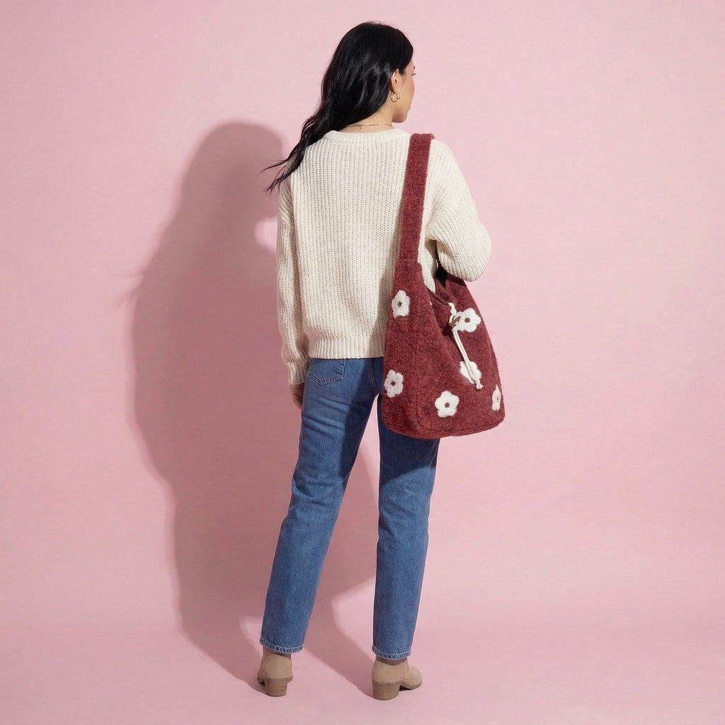 Anna-Kaci Women's Floral Applique Felt Hobo Shoulder Bag with Soft Structured Body and Top Handle