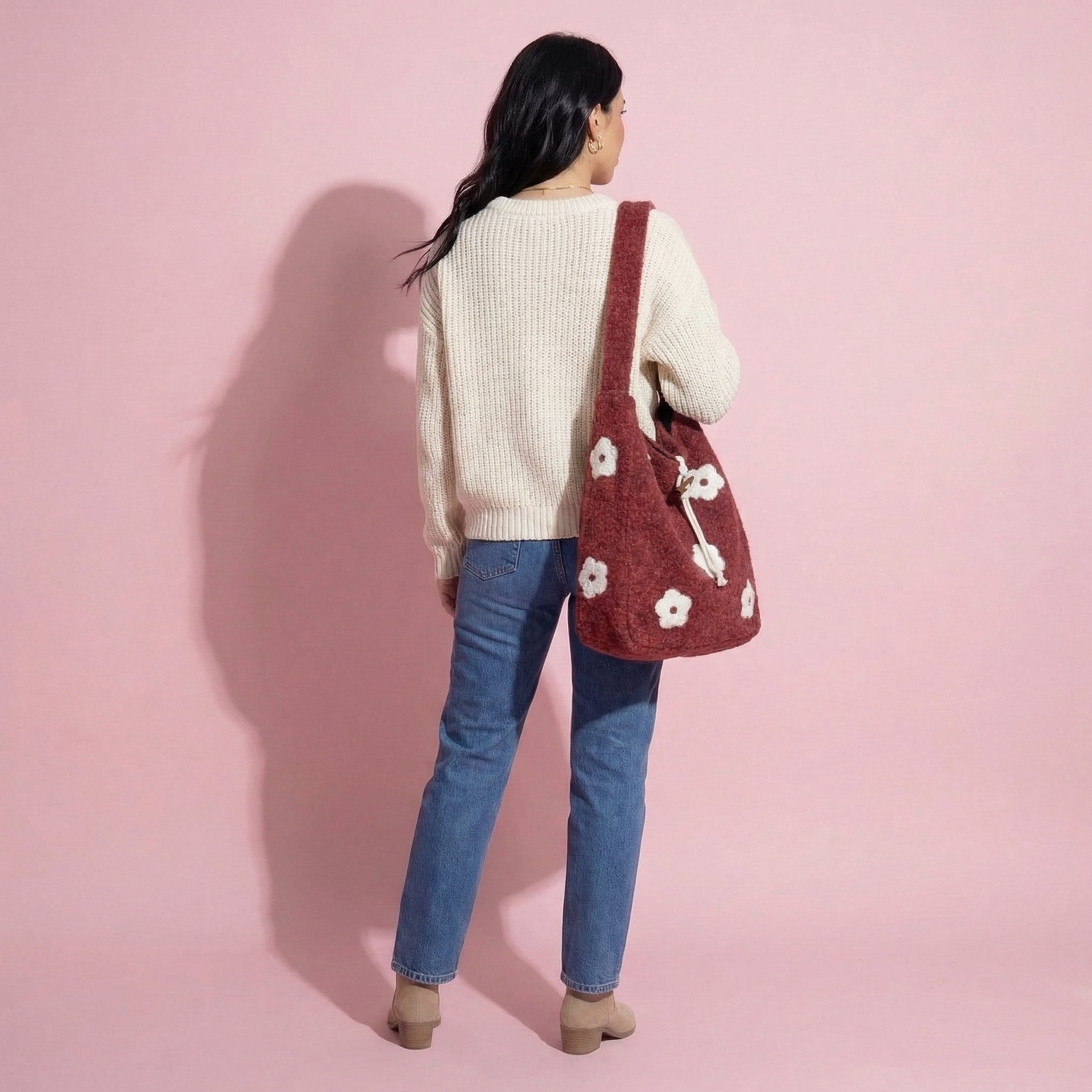 Anna-Kaci Women's Floral Applique Felt Hobo Shoulder Bag with Soft Structured Body and Top Handle