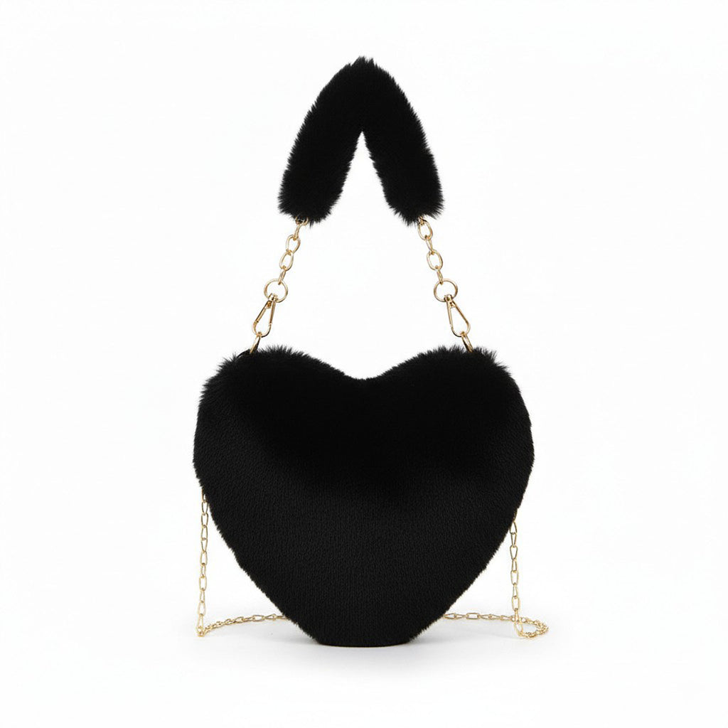 Anna-Kaci Women's Plush Heart-Shaped Crossbody Handbag with Chain Strap