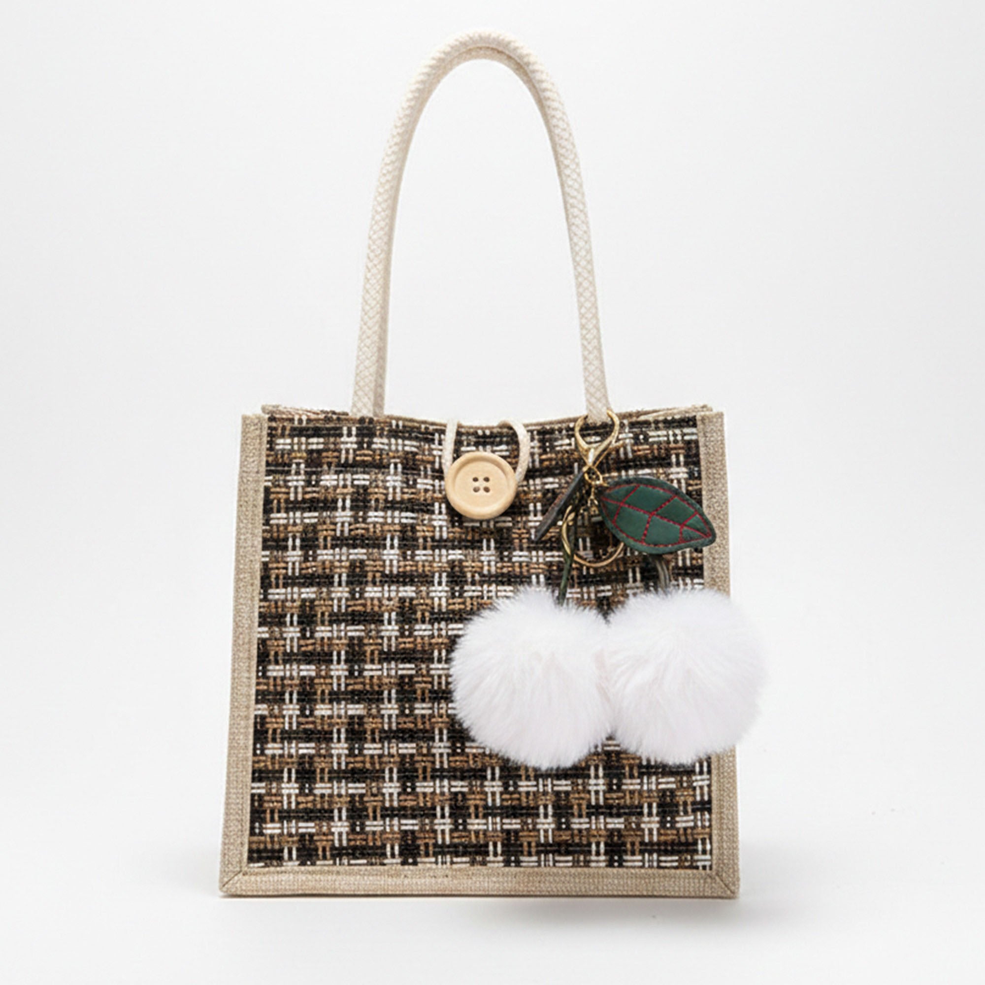 Anna-Kaci Women's Woven Mini Tote Handbag with Pom Pom Charm and Top Handle