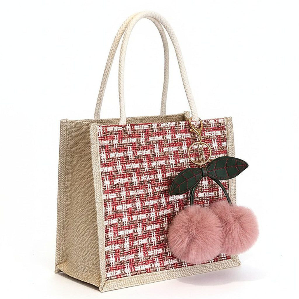Anna-Kaci Women's Woven Mini Tote Handbag with Pom Pom Charm and Top Handle