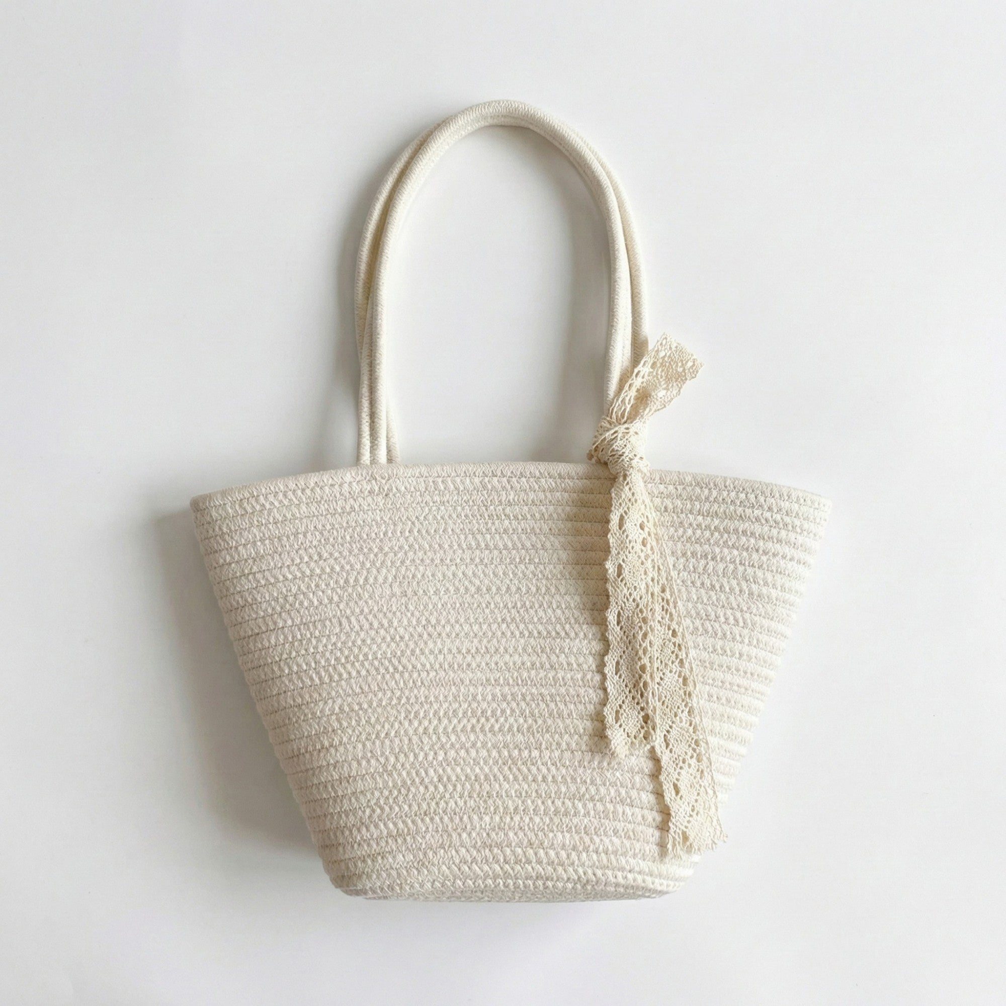Anna-Kaci Women's Crochet Tote Bag with Structured Silhouette Double Shoulder Handles and Lace Tie Accent