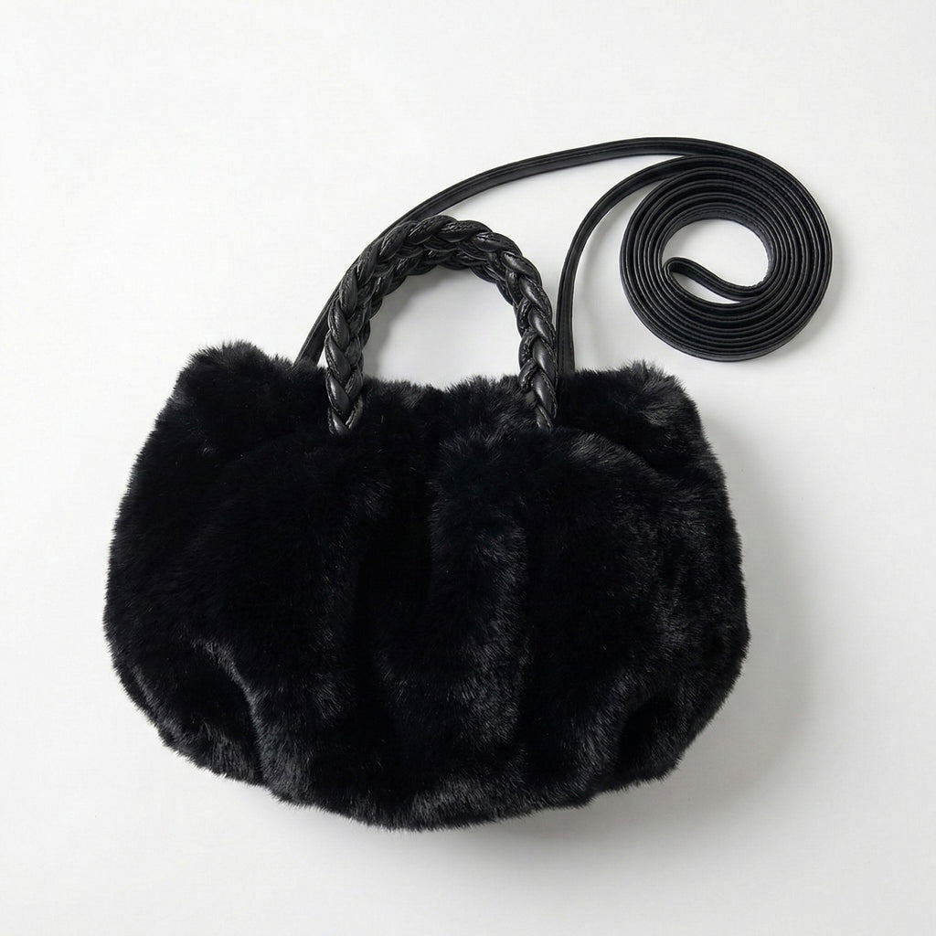 Anna-Kaci Women's Faux Fur Top Handle Bag with Braided Strap Detail Adjustable Crossbody Cord
