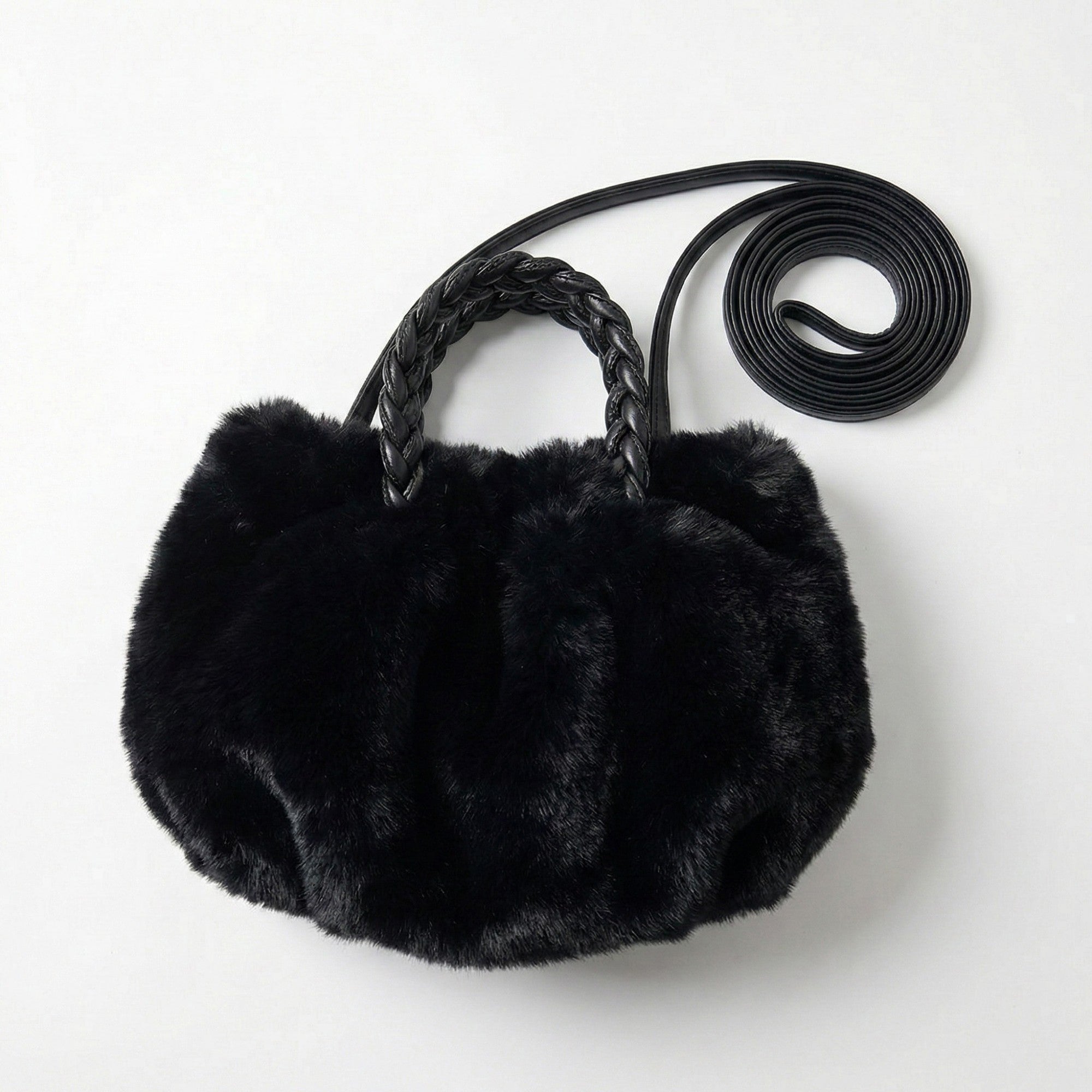 Anna-Kaci Women's Faux Fur Top Handle Bag with Braided Strap Detail Adjustable Crossbody Cord