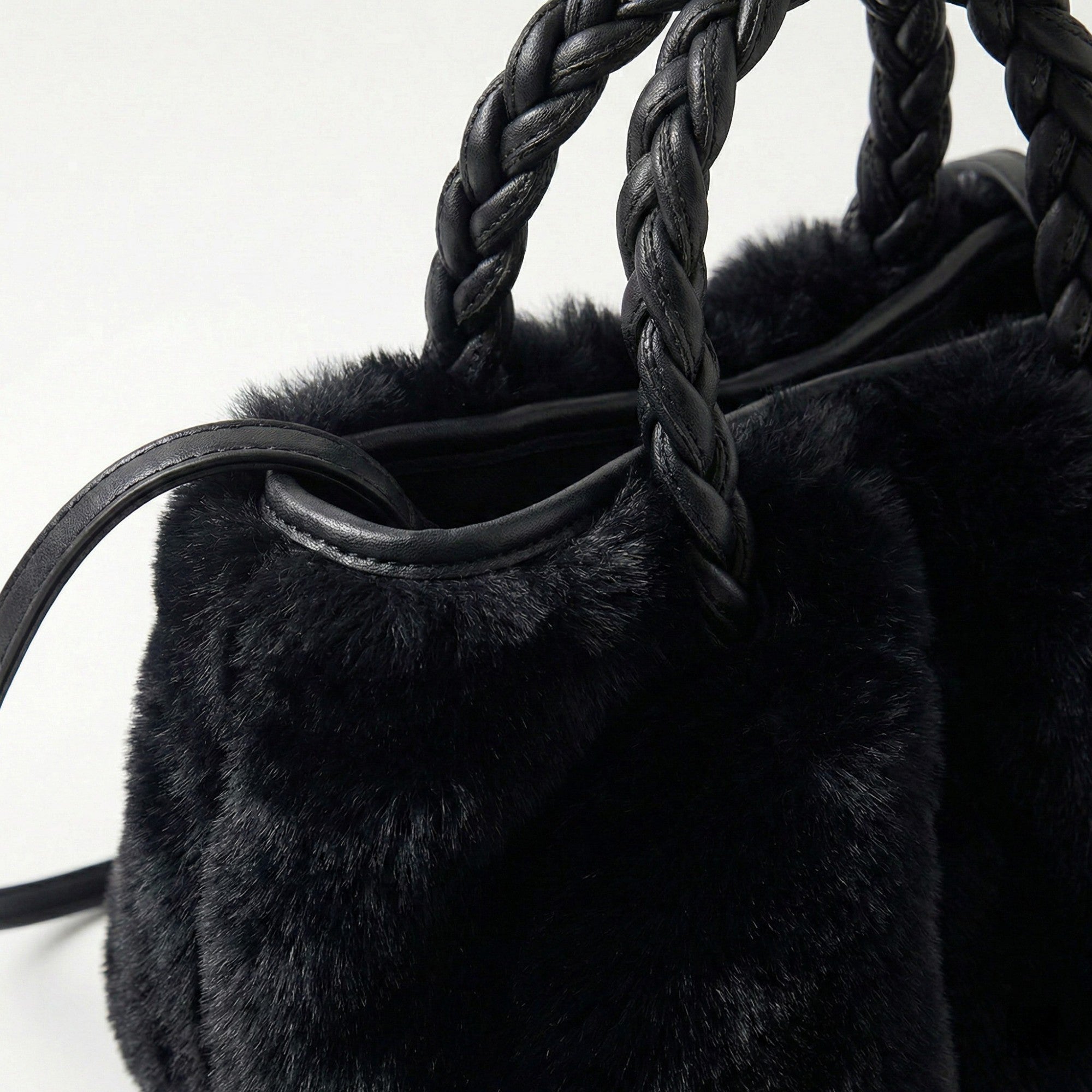 Anna-Kaci Women's Faux Fur Top Handle Bag with Braided Strap Detail Adjustable Crossbody Cord