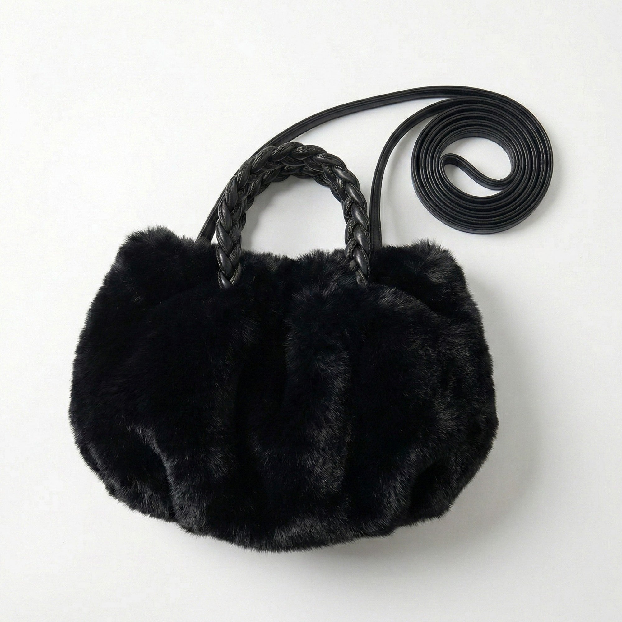 Anna-Kaci Women's Faux Fur Top Handle Bag with Braided Strap Detail Adjustable Crossbody Cord