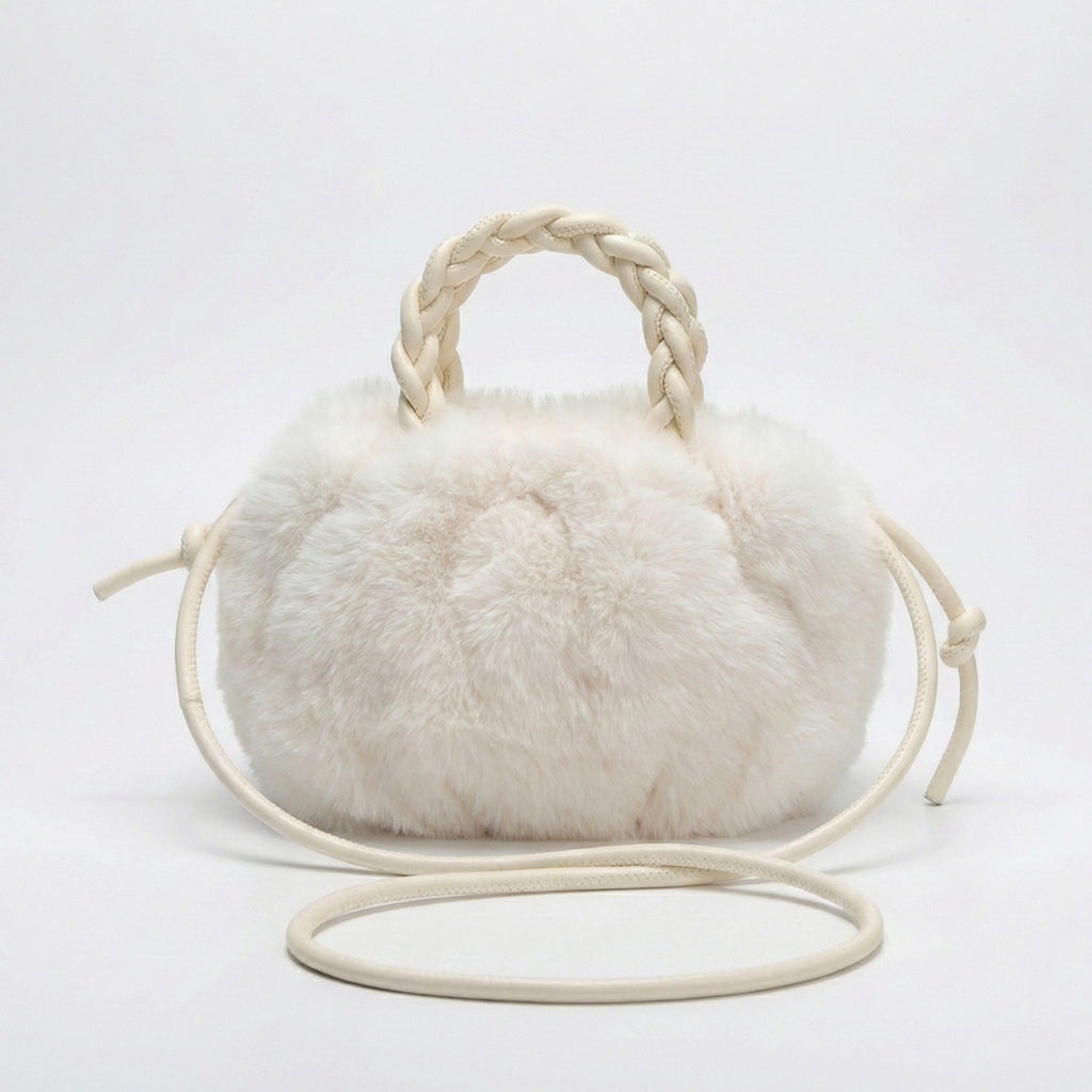 Anna-Kaci Women's Faux Fur Top Handle Bag with Braided Strap Detail Adjustable Crossbody Cord