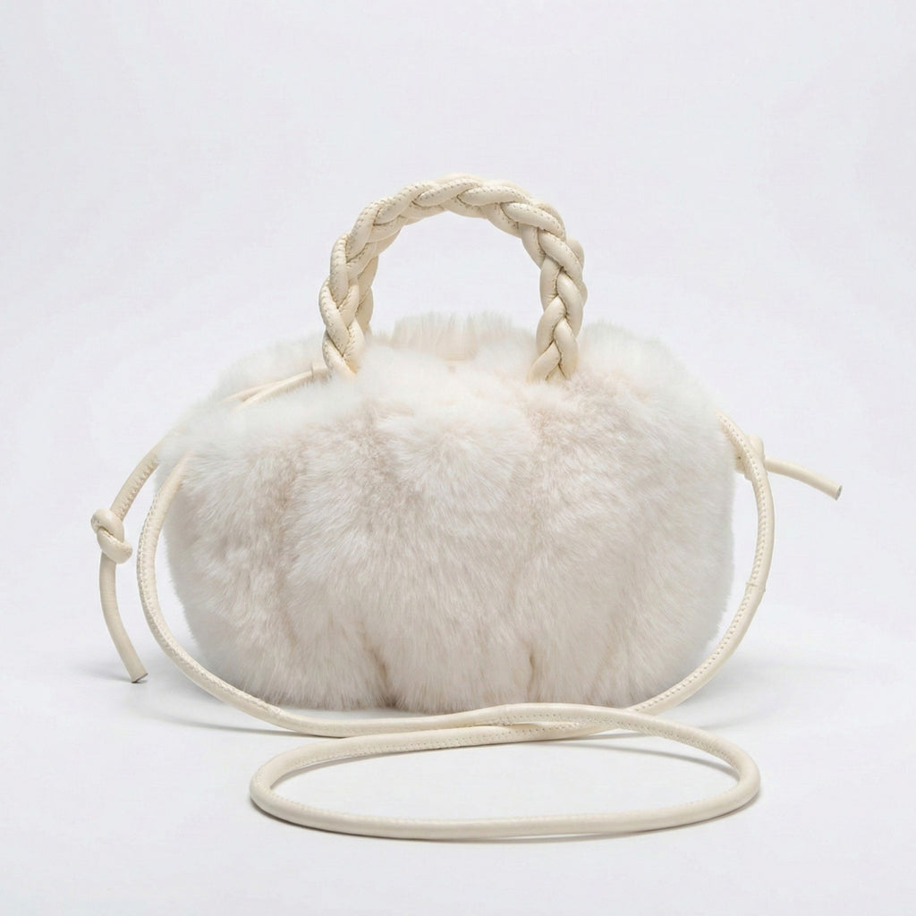 Anna-Kaci Women's Faux Fur Top Handle Bag with Braided Strap Detail Adjustable Crossbody Cord