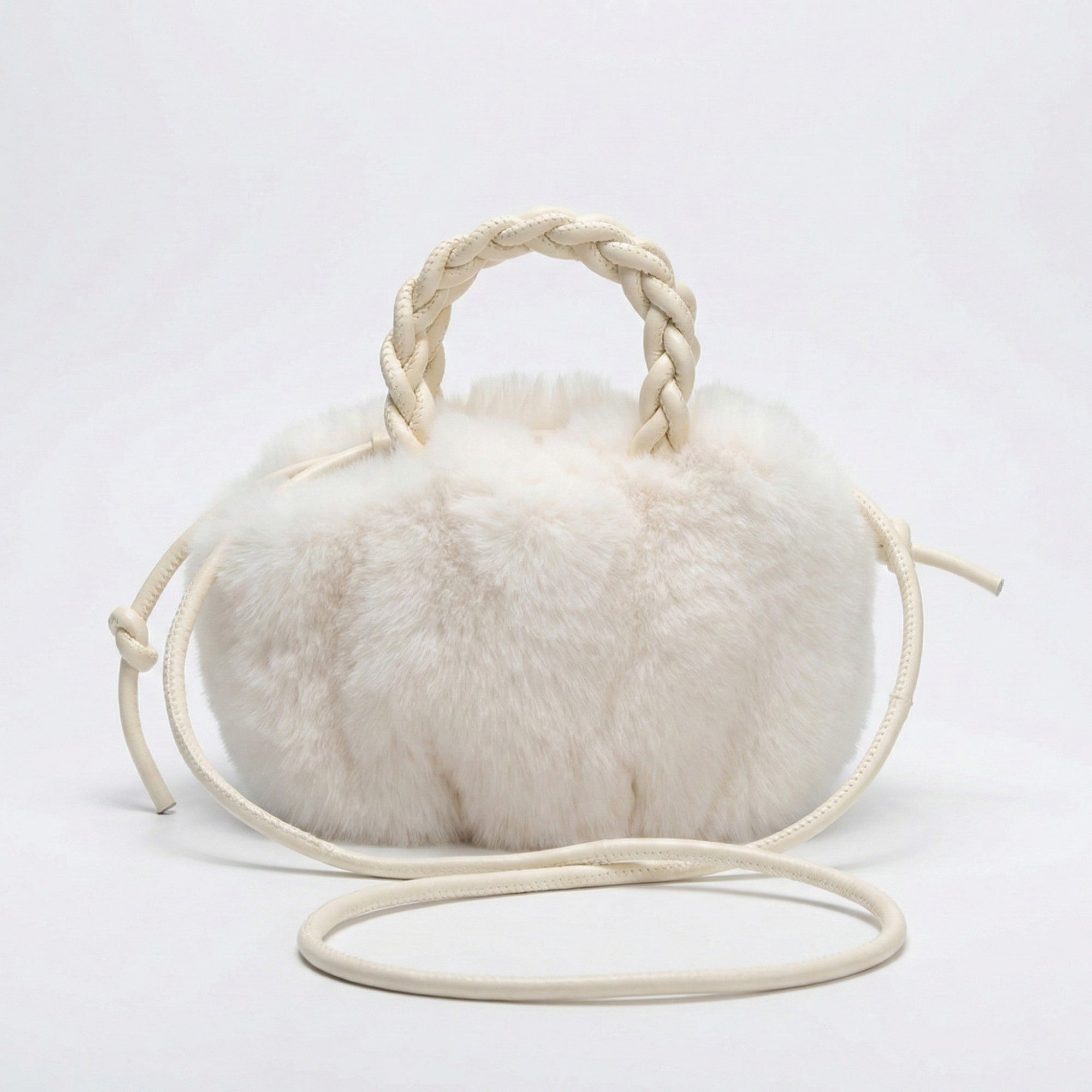 Anna-Kaci Women's Faux Fur Top Handle Bag with Braided Strap Detail Adjustable Crossbody Cord