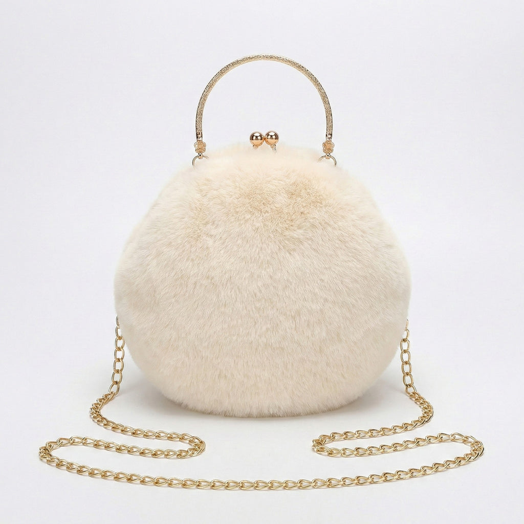 Anna-Kaci Women's Faux Fur Clutch Handbag with Gold Tone Kiss Lock Closure Top Handle and Chain Strap