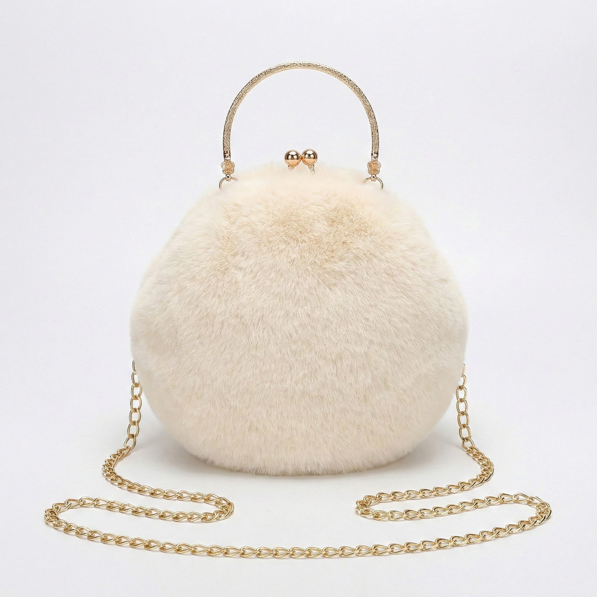 Anna-Kaci Women's Faux Fur Clutch Handbag with Gold Tone Kiss Lock Closure Top Handle and Chain Strap