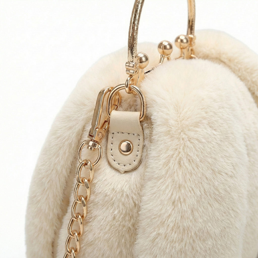 Anna-Kaci Women's Faux Fur Clutch Handbag with Gold Tone Kiss Lock Closure Top Handle and Chain Strap
