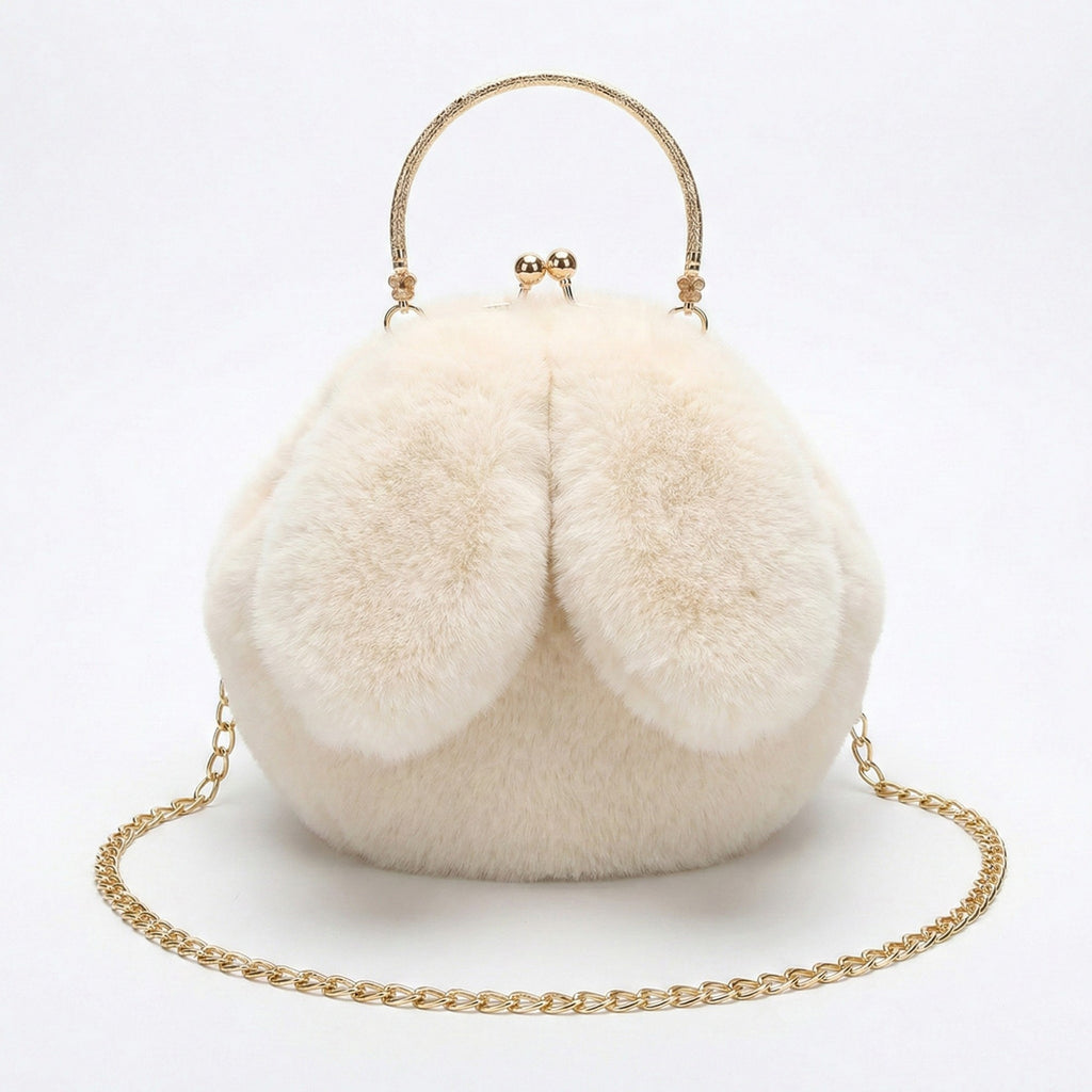 Anna-Kaci Women's Faux Fur Clutch Handbag with Gold Tone Kiss Lock Closure Top Handle and Chain Strap