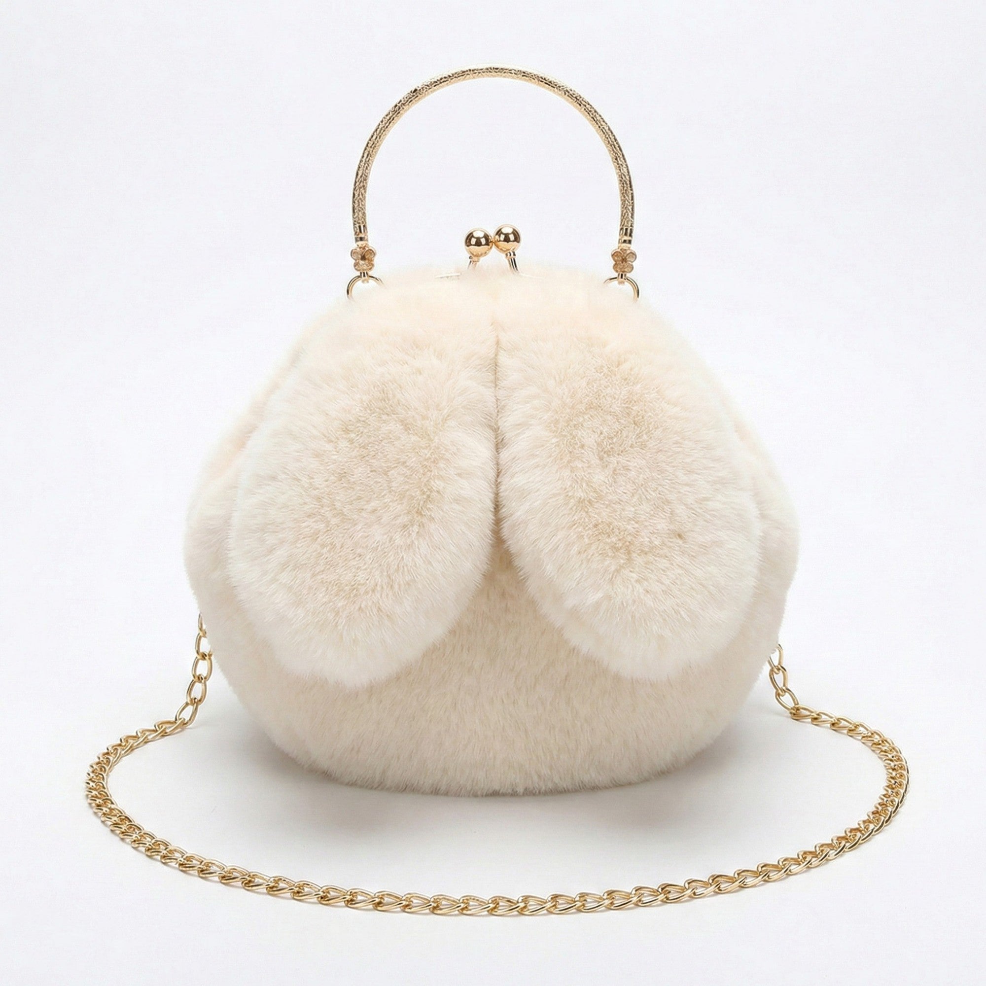 Anna-Kaci Women's Faux Fur Clutch Handbag with Gold Tone Kiss Lock Closure Top Handle and Chain Strap