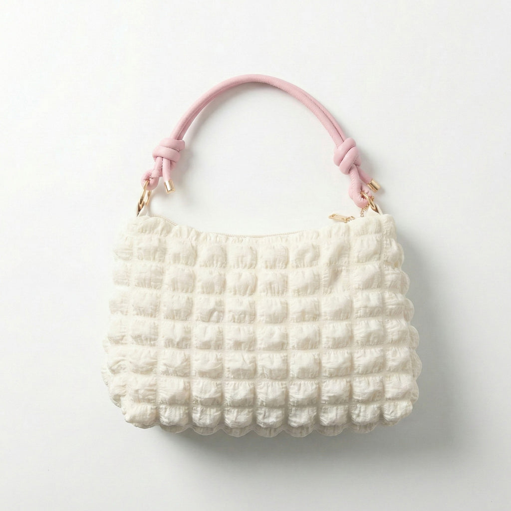 Anna-Kaci Women's Textured Shoulder Bag with Quilted Bubble Design Contrast Knot Handle